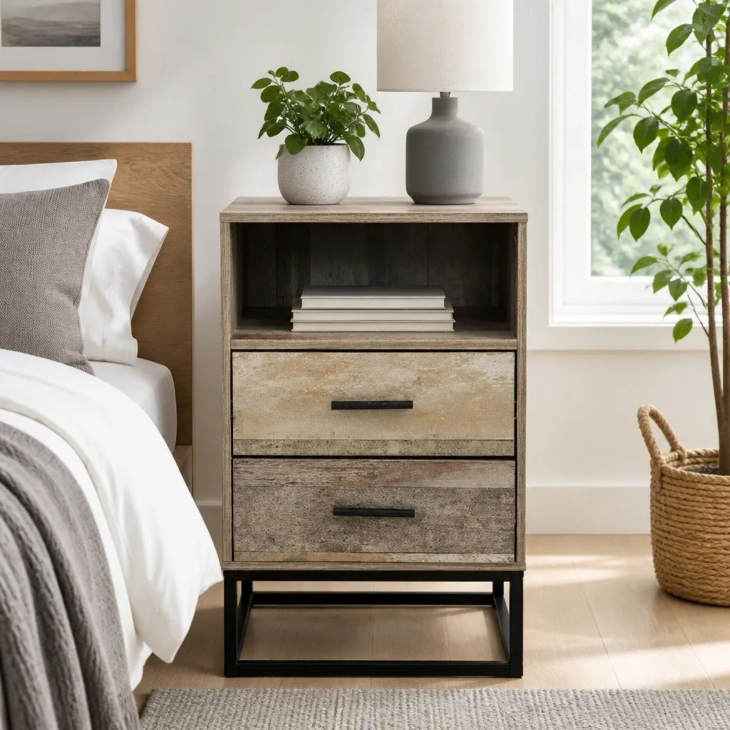 Bedside Table 2 Drawers with Shelf Industrial Design Bedroom Storage Nightstand