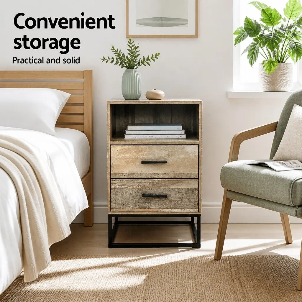 Bedside Table 2 Drawers with Shelf Industrial Design Bedroom Storage Nightstand