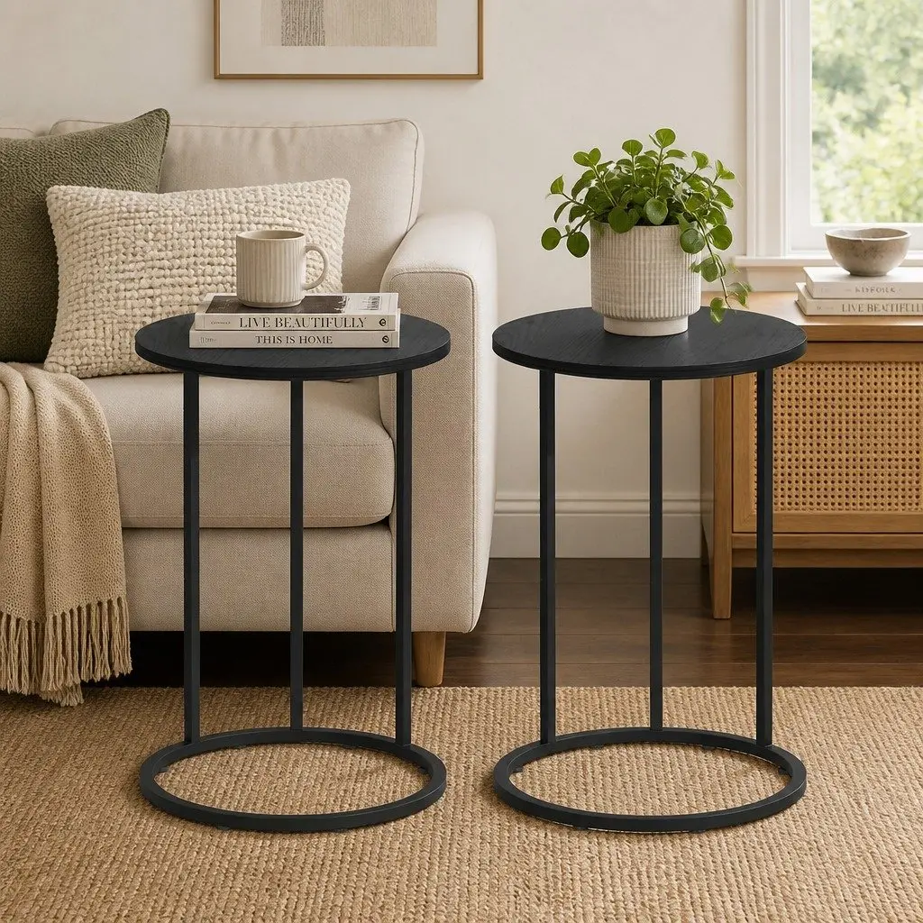 C Shaped End Table Black Wood Textured Metal Frame 40cm x 40cm x 61.5cm Set of 2 Modern Living Room Side Tables