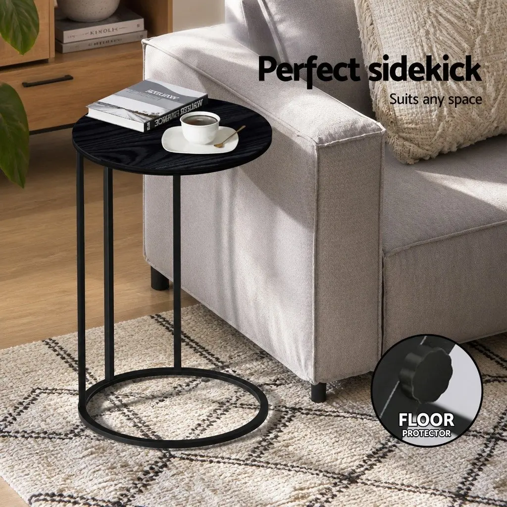 Round Coffee Table Side Table Black Industrial Style C-Shape Design Sturdy