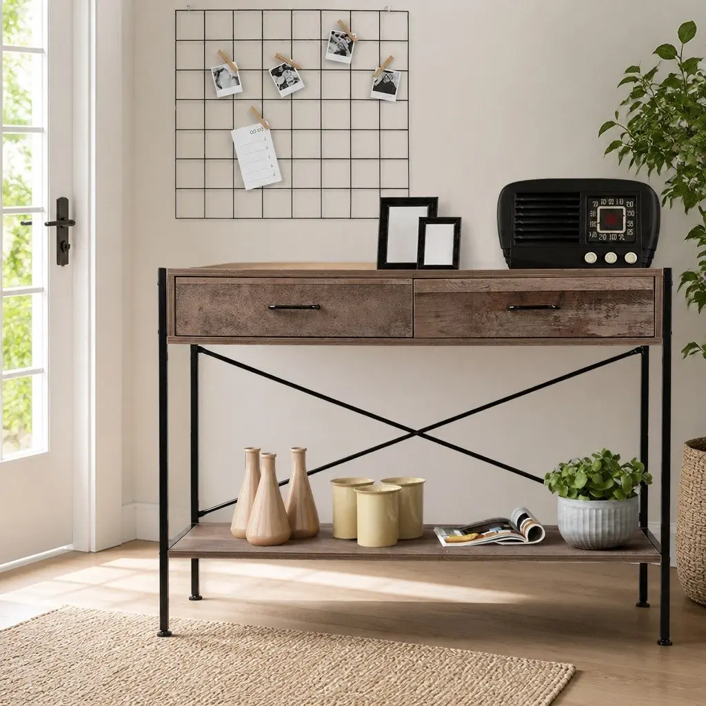 Console Table Particle Board 100 x 35 x 74.5 cm Rustic Colour Options 2 Drawers Storage Hallway Entry Display Shelf