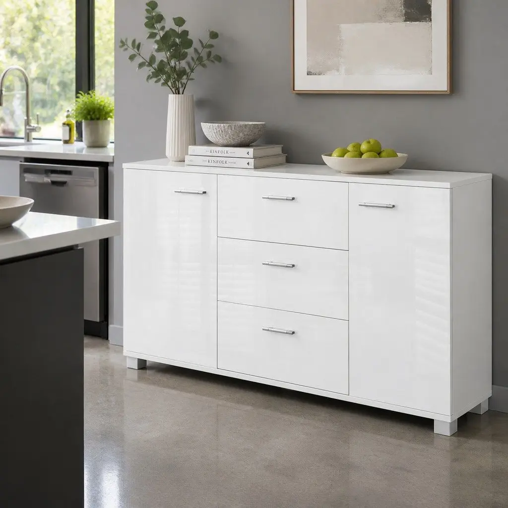 Buffet Sideboard MDF Particle Board 138cm White High Gloss Modern Storage Cabinet with Drawers