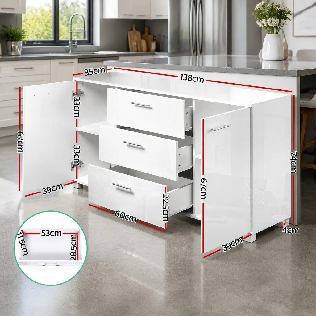 Buffet Sideboard MDF Particle Board 138cm White High Gloss Modern Storage Cabinet with Drawers