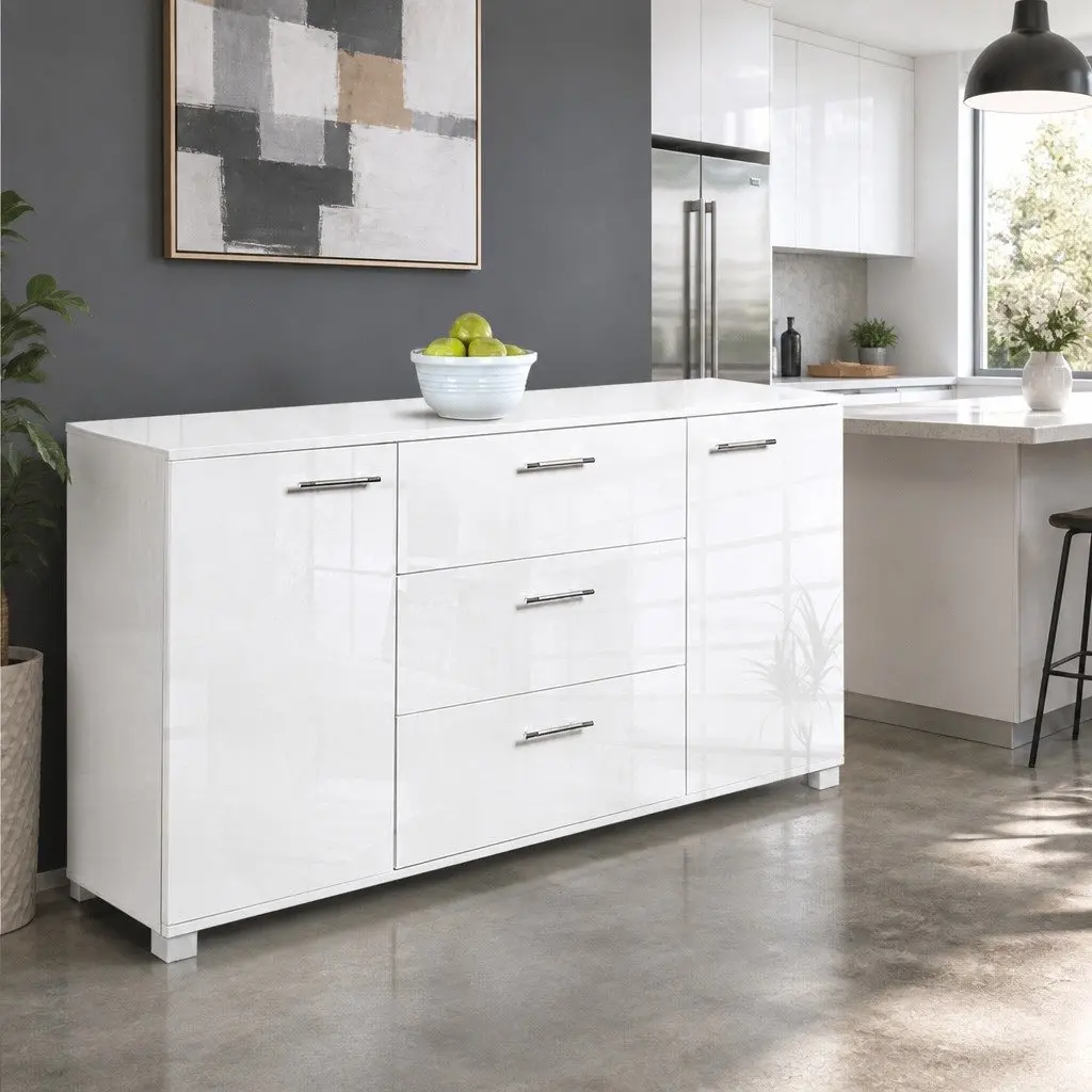 Buffet Sideboard MDF Particle Board 138cm White High Gloss Modern Storage Cabinet with Drawers