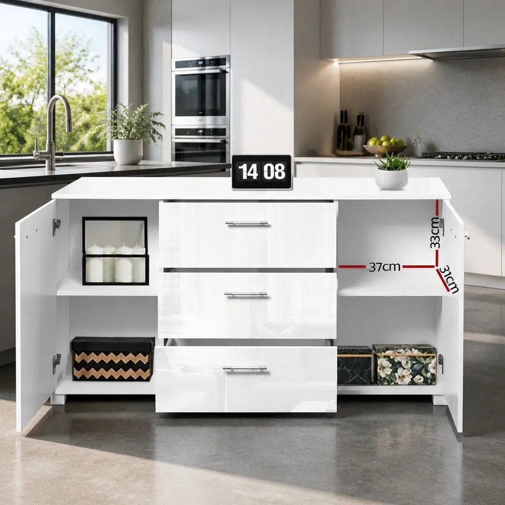 Buffet Sideboard MDF Particle Board 138cm White High Gloss Modern Storage Cabinet with Drawers