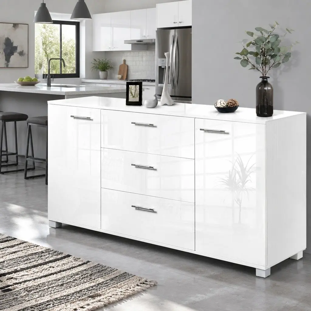 Buffet Sideboard MDF Particle Board 138cm White High Gloss Modern Storage Cabinet with Drawers
