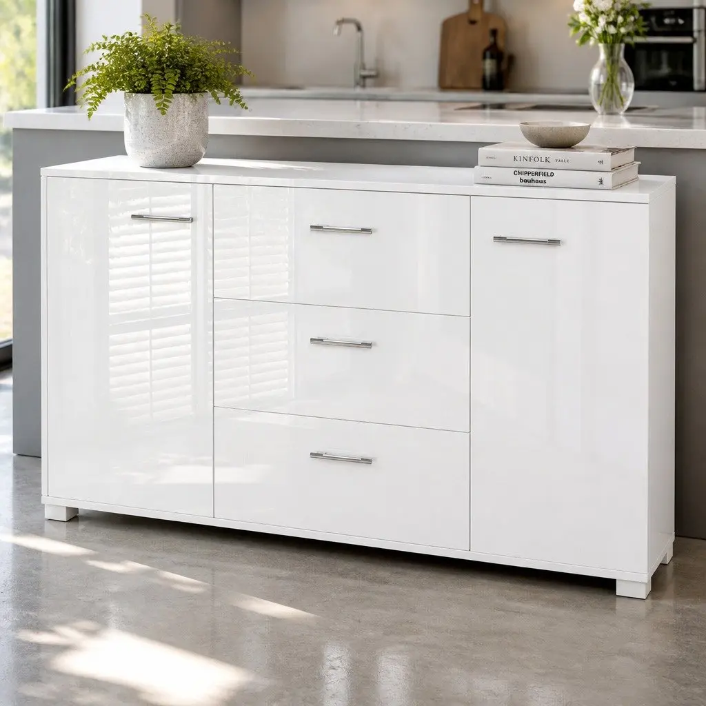 Buffet Sideboard MDF Particle Board 138cm White High Gloss Modern Storage Cabinet with Drawers