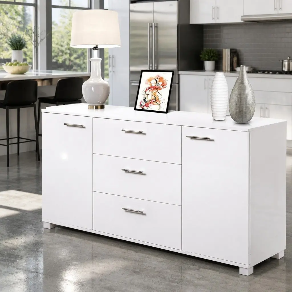 Buffet Sideboard MDF Particle Board 138cm White High Gloss Modern Storage Cabinet with Drawers