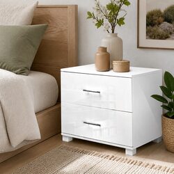 Modern White High Gloss Bedside Table with 2 Drawers