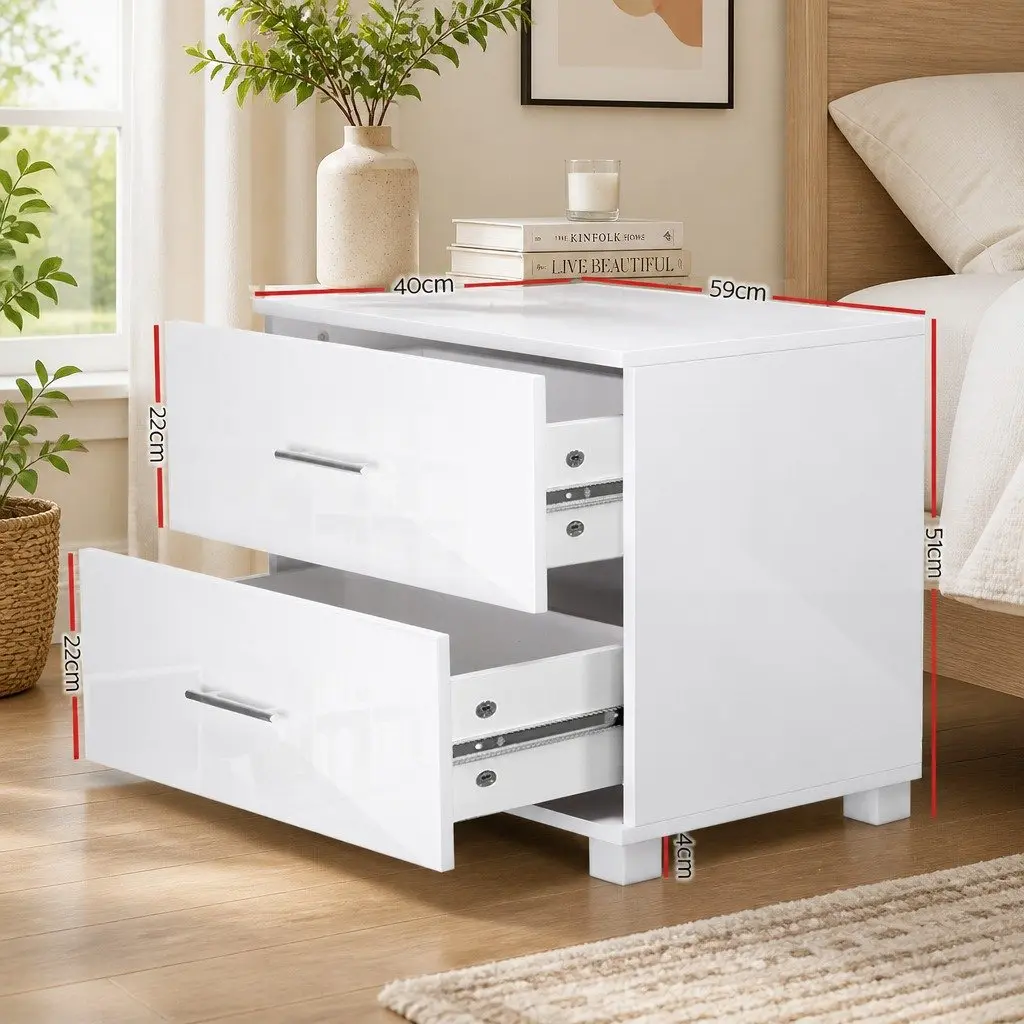 White High Gloss Bedside Table with 2 Drawers