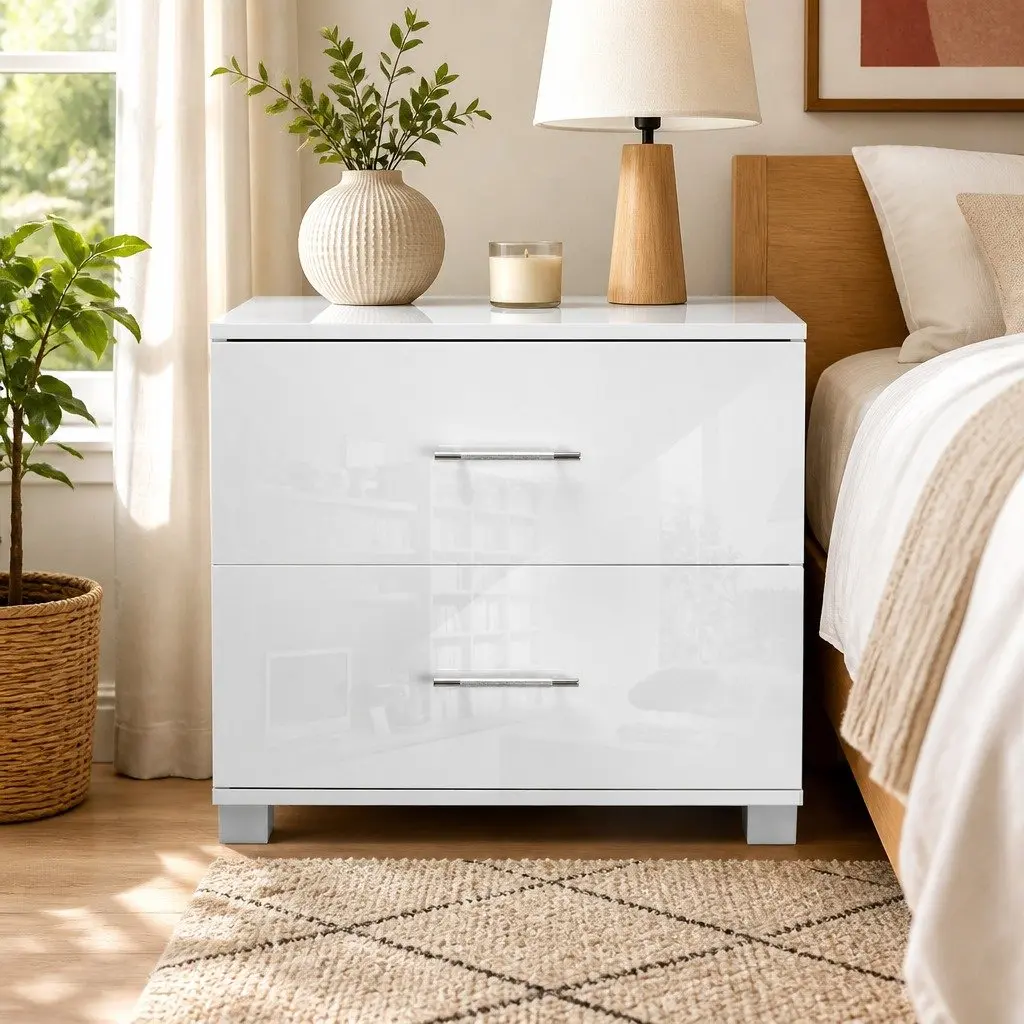 White High Gloss Bedside Table with 2 Drawers