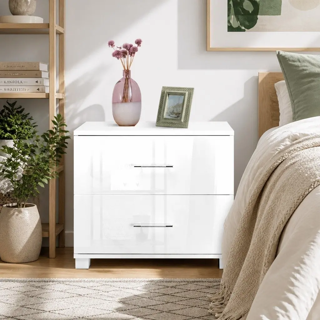 White High Gloss Bedside Table with 2 Drawers