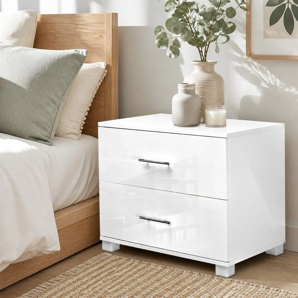 White High Gloss Bedside Table with 2 Drawers