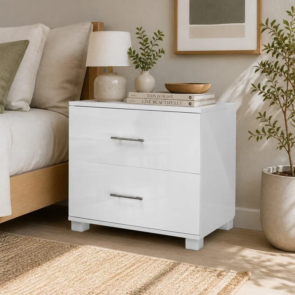 White High Gloss Bedside Table with 2 Drawers