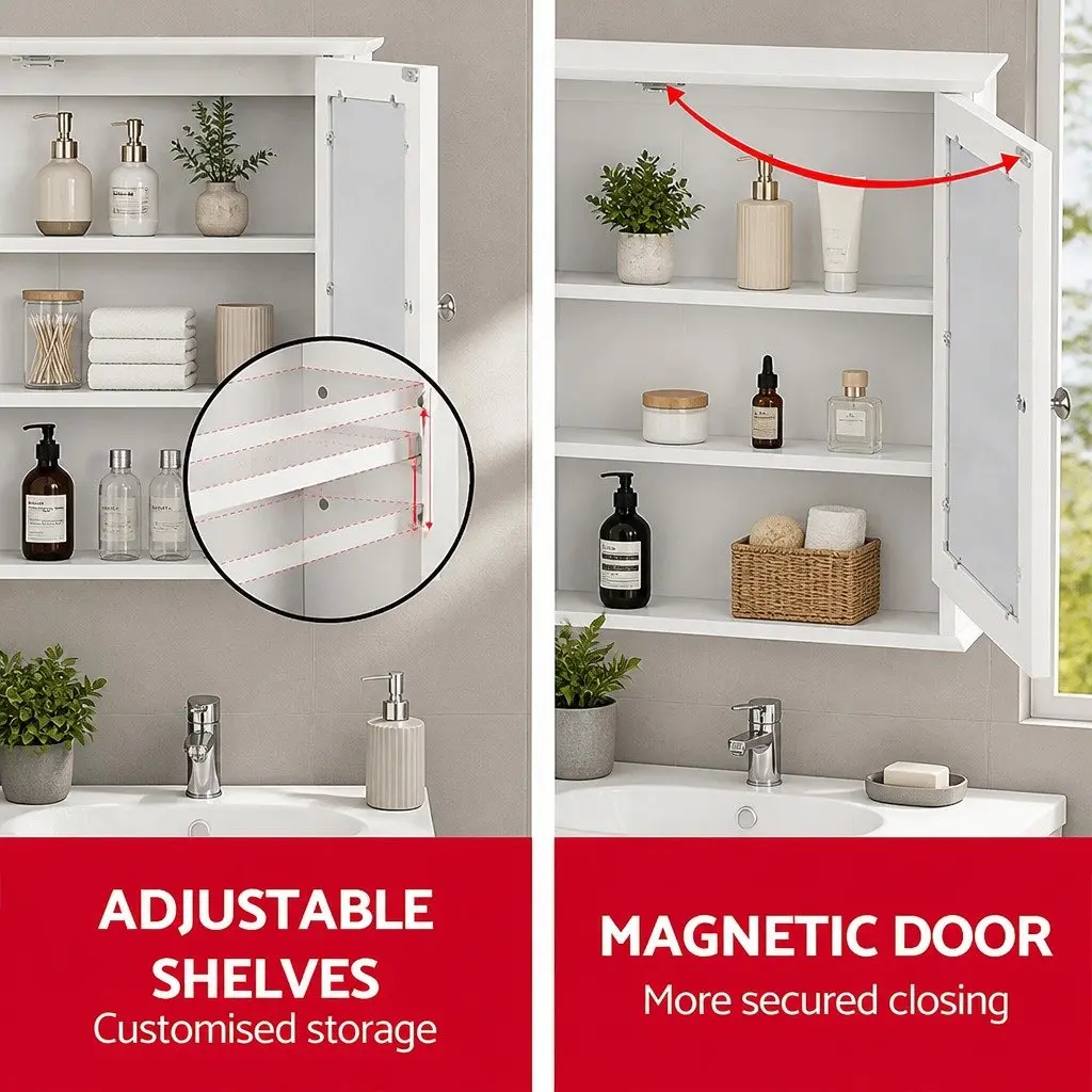 Bathroom Cabinet E1 MDF 56 x 13 x 58 cm White Tallboy Storage with Mirror