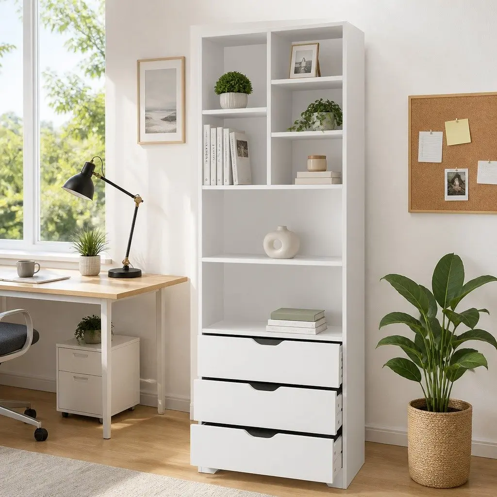 Bookshelf E1 Particle Board 60cm x 23.5cm x 180cm White 7 Shelves 3 Drawers