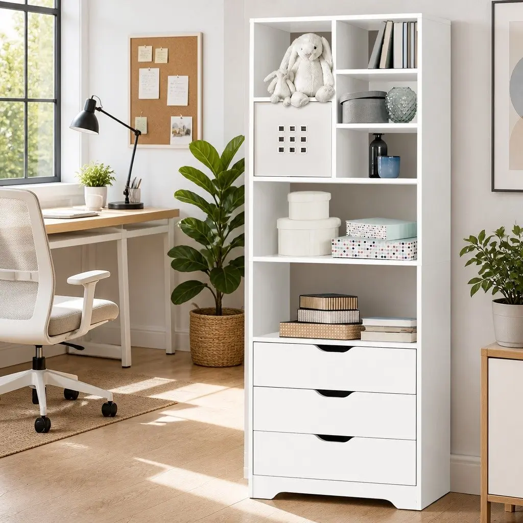 Bookshelf E1 Particle Board 60cm x 23.5cm x 180cm White 7 Shelves 3 Drawers