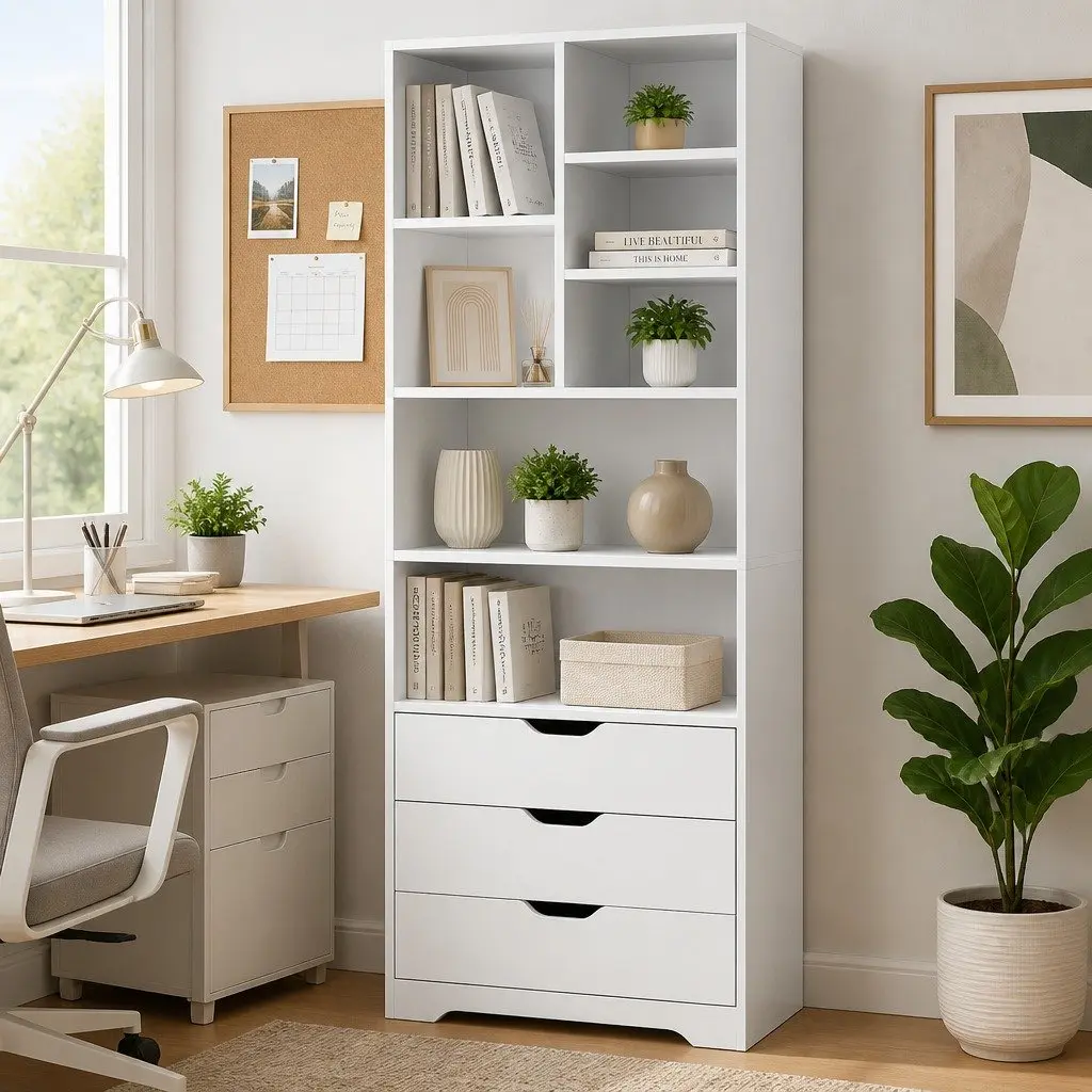 Bookshelf E1 Particle Board 60cm x 23.5cm x 180cm White 7 Shelves 3 Drawers