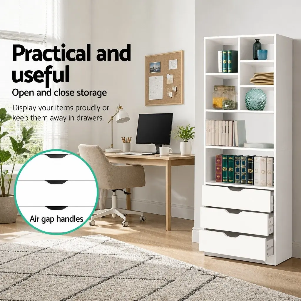 Bookshelf E1 Particle Board 60cm x 23.5cm x 180cm White 7 Shelves 3 Drawers