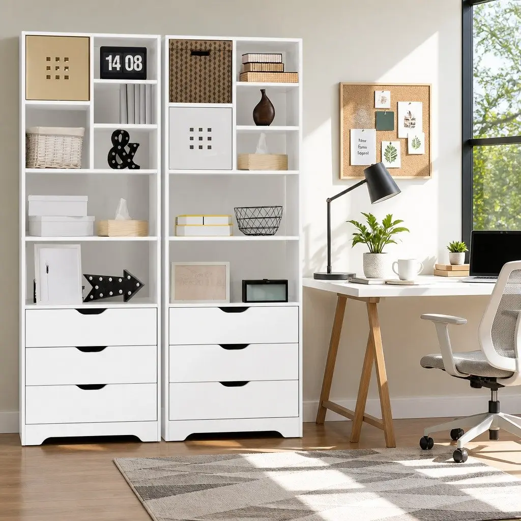 Bookshelf E1 Particle Board 60cm x 23.5cm x 180cm White 7 Shelves 3 Drawers