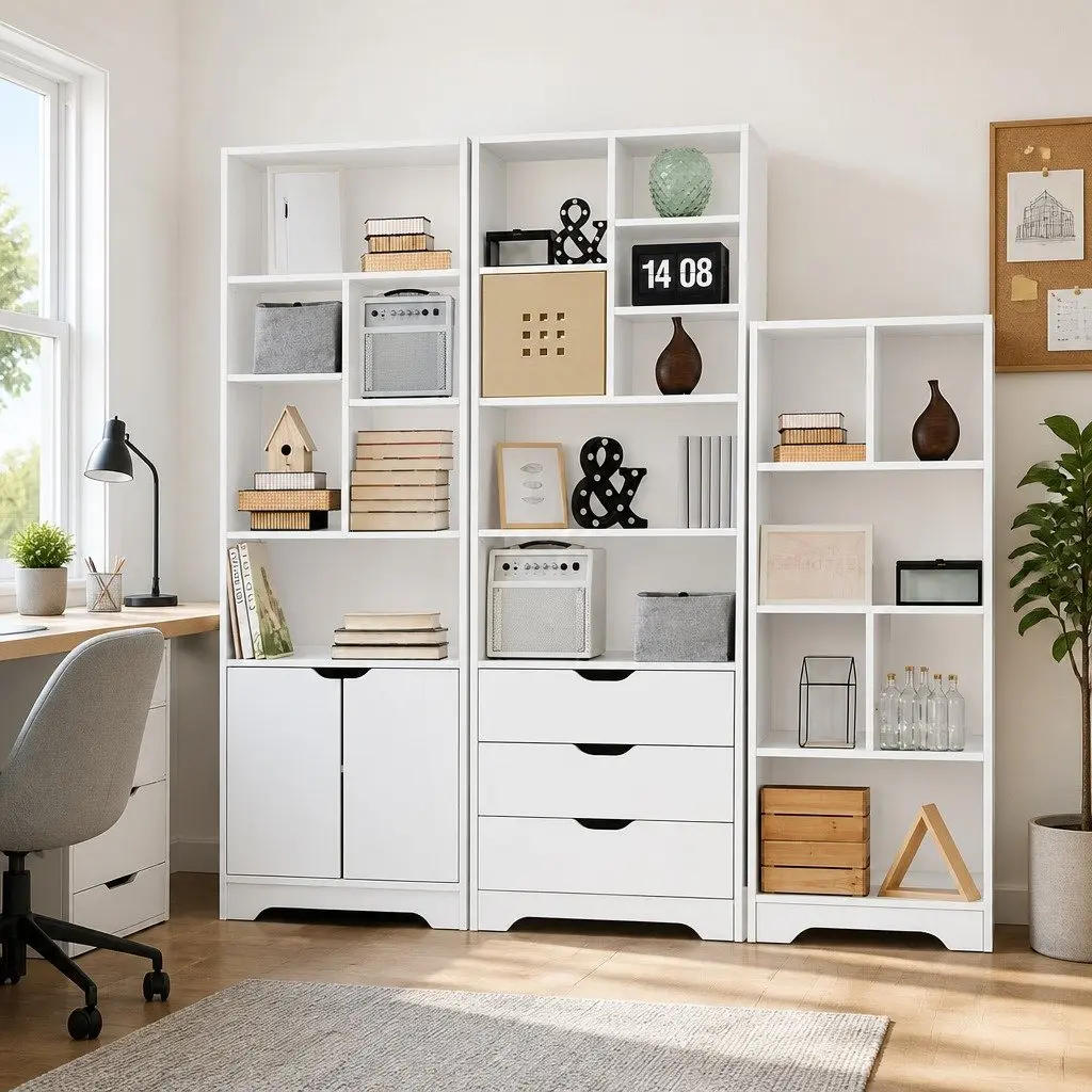 Bookshelf E1 Particle Board 60cm x 23.5cm x 180cm White 7 Shelves 3 Drawers