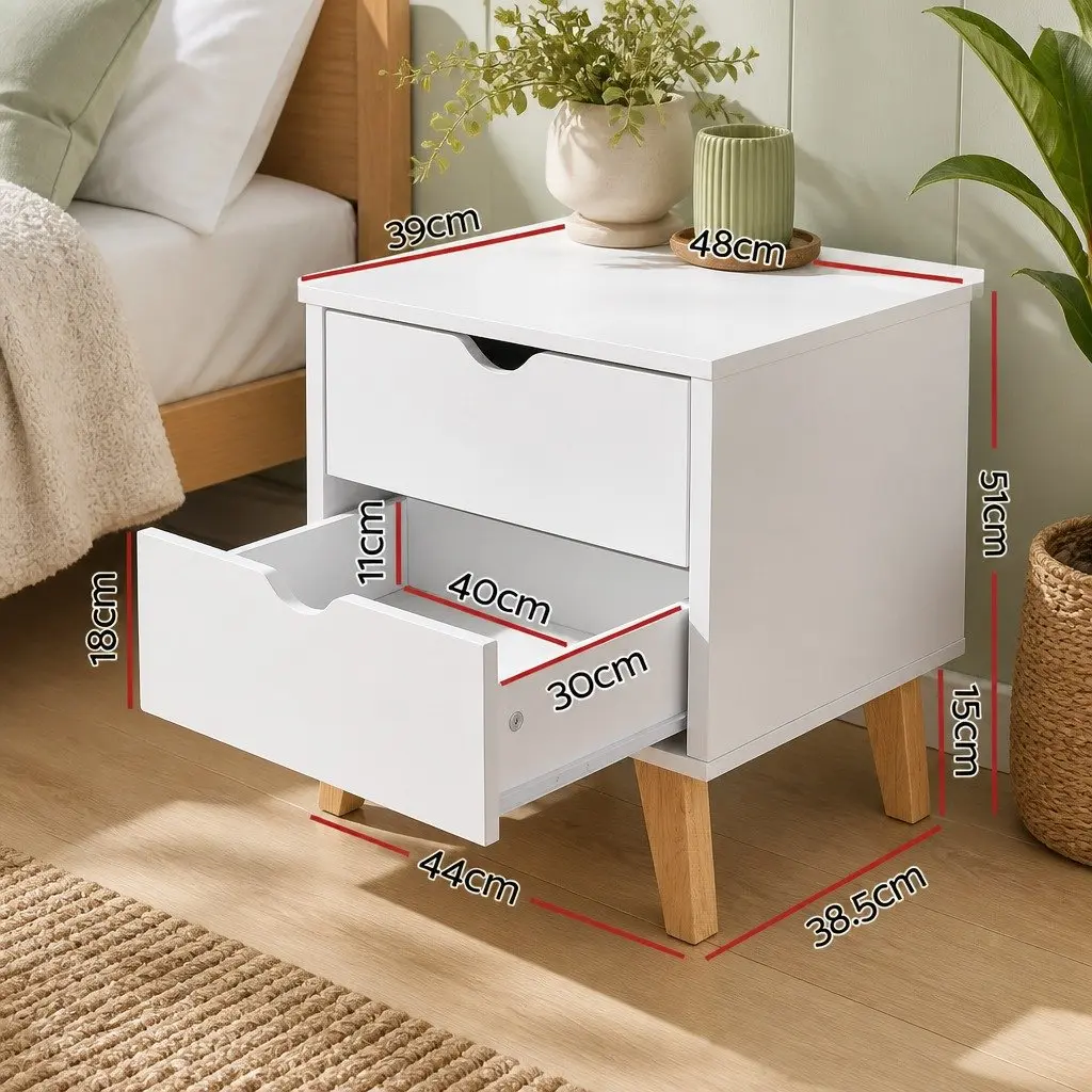White 2 Drawer Bedside Table with Rubber Wood Legs