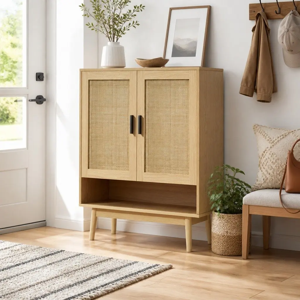 Shoe Rack Cabinet Rattan 5-Tier Oak Storage 20 Pairs Footwear Organiser