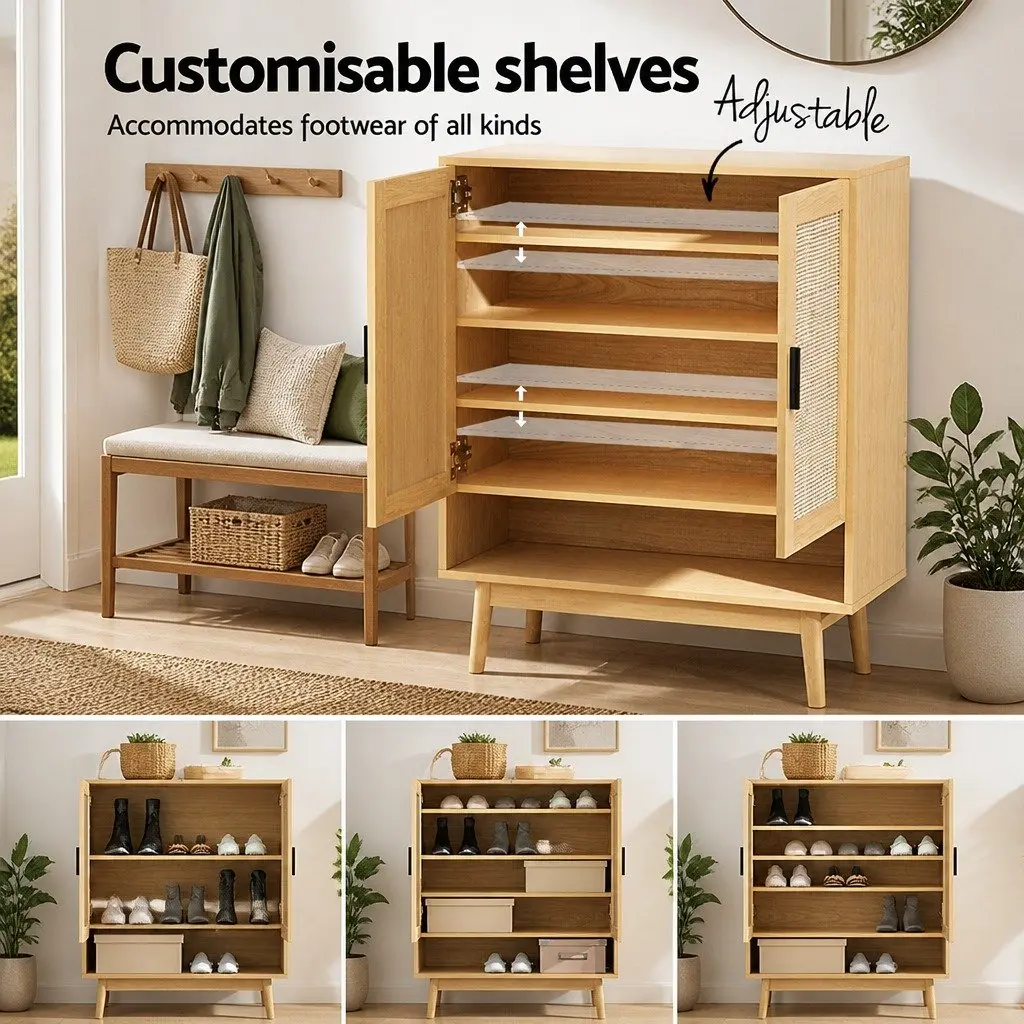Shoe Rack Cabinet Rattan 5-Tier Oak Storage 20 Pairs Footwear Organiser