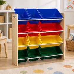Kids Toy Box Storage Rack 12 Bins Bookshelf Organiser Four Tier Children