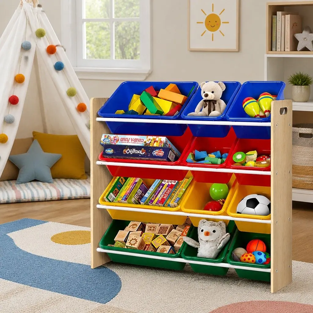 Toy Box Storage Rack Particle Board 4 Tier Walnut