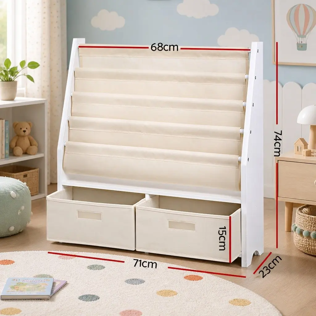 Kids Bookshelf E1 MDF 4 Tier White Natural Storage Organiser with Drawers