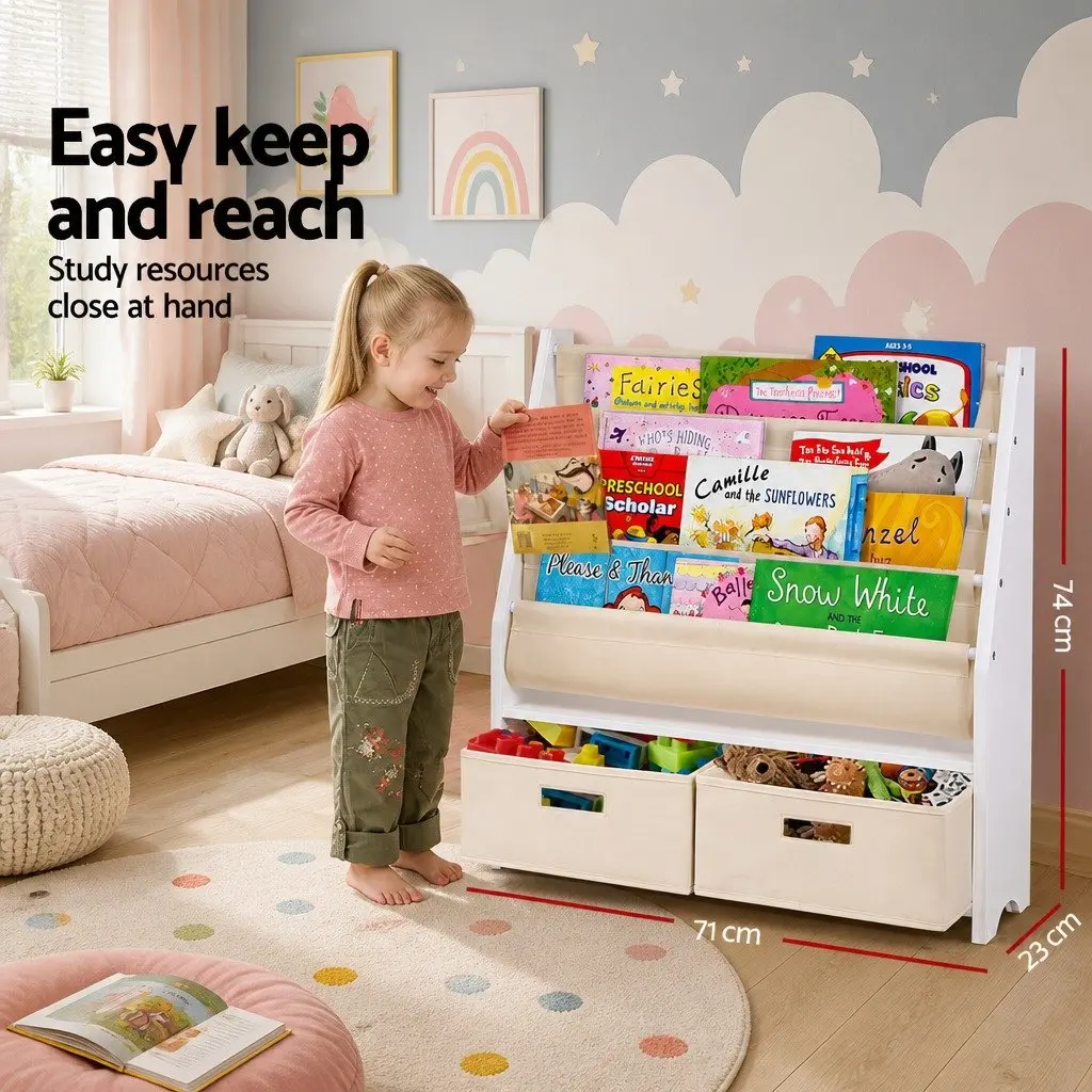 Kids Bookshelf E1 MDF 4 Tier White Natural Storage Organiser with Drawers