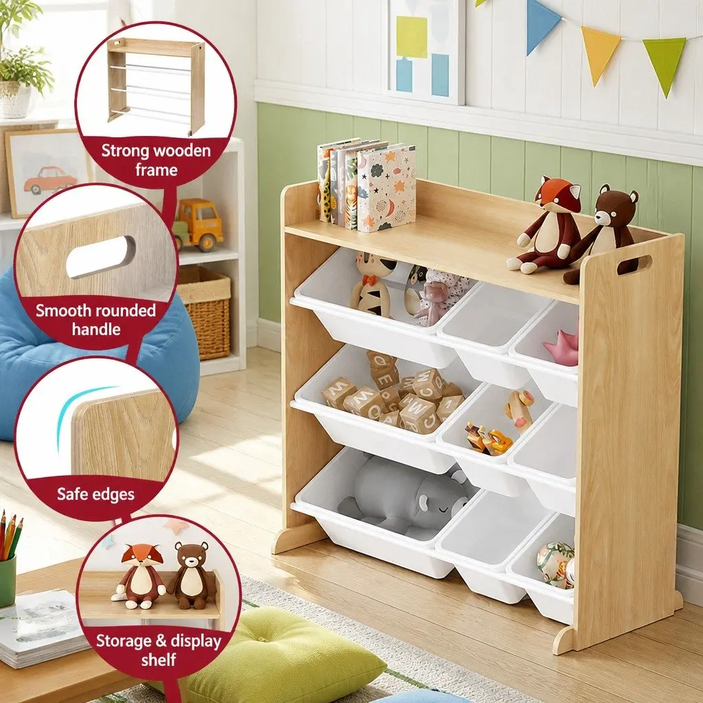 Kids Toy Box Organiser MDF 73cm H x 85cm W x 38cm D White and Wooden Walnut 9 Bins 4-Tier Storage Rack