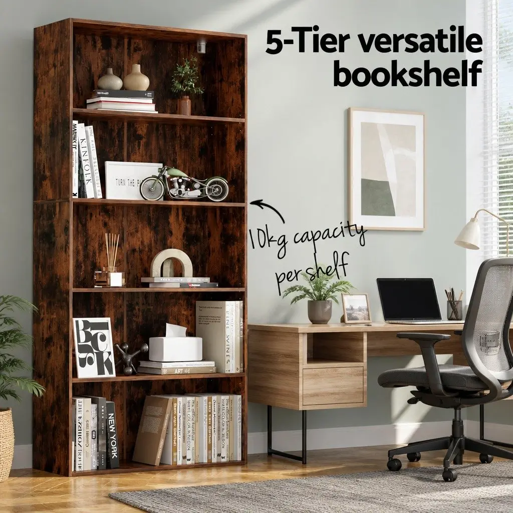 5-Tier Bookshelf Particle Board 90cm x 30cm x 182cm Brown