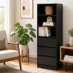 Modern Tallboy Chest of Drawers with 3 Shelves - Black