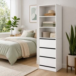 White Tallboy Chest of Drawers with 3 Shelves