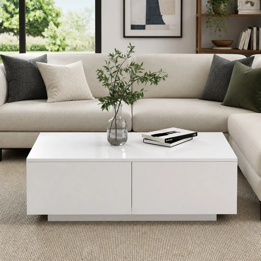 Coffee Table with 4 Drawers White Storage Living Room Furniture Contemporary