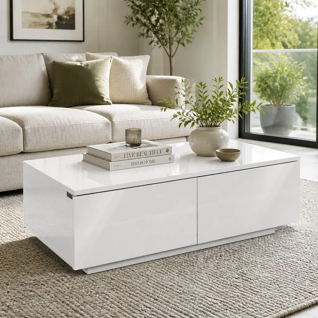 Coffee Table with 4 Drawers White Storage Living Room Furniture Contemporary