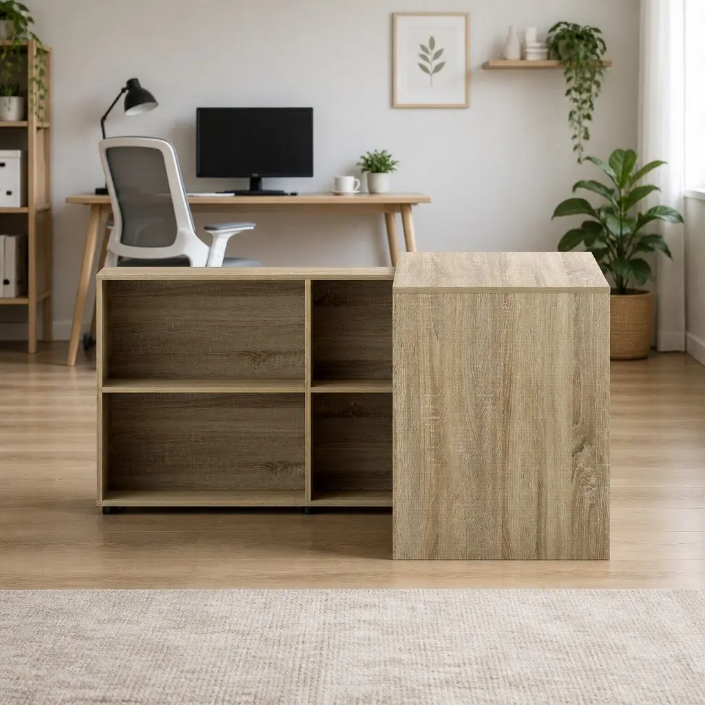 Computer Desk with 4-Compartment Bookcase Storage 130cm Oak Office Furniture