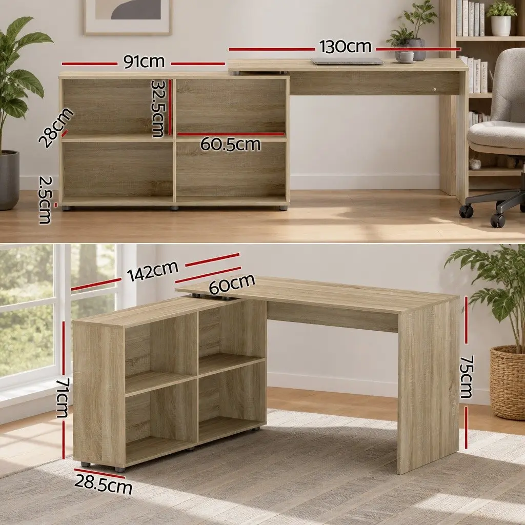 Computer Desk with 4-Compartment Bookcase Storage 130cm Oak Office Furniture