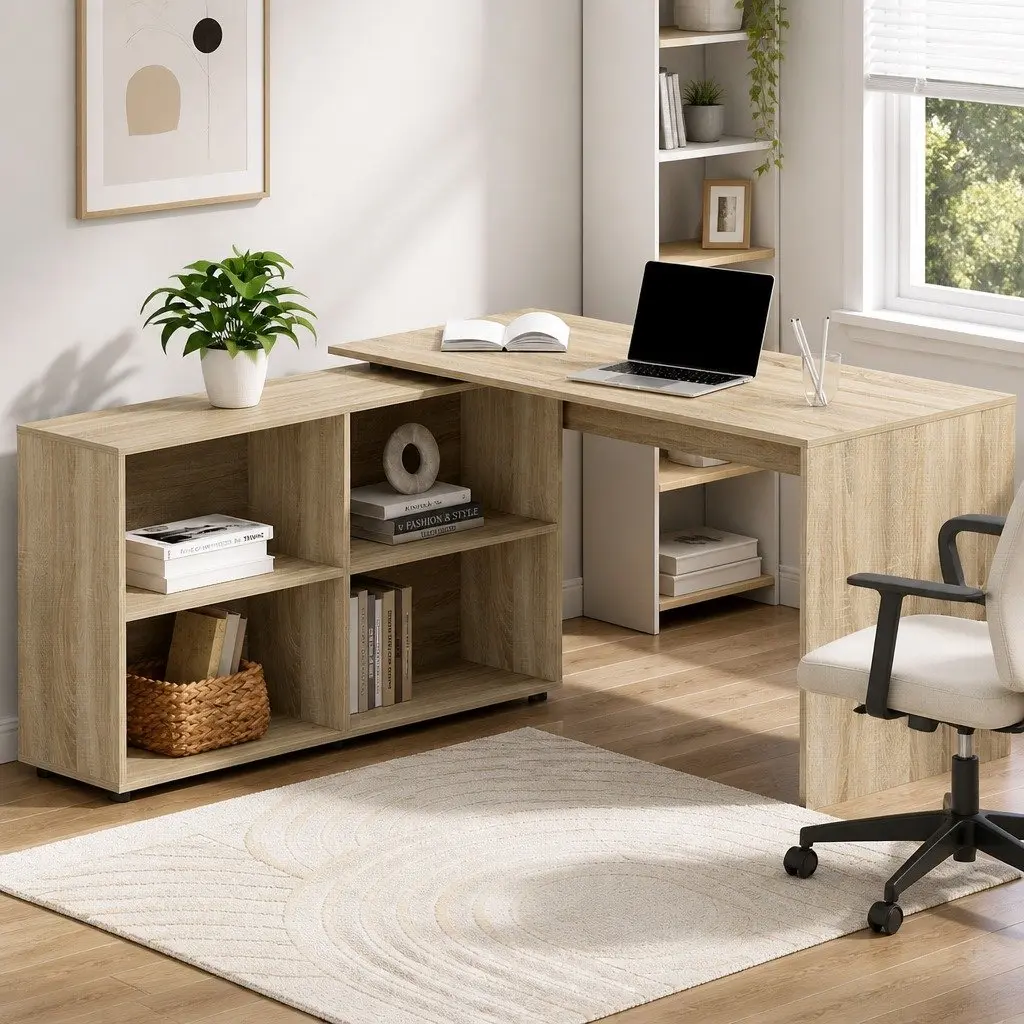 Computer Desk with 4-Compartment Bookcase Storage 130cm Oak Office Furniture