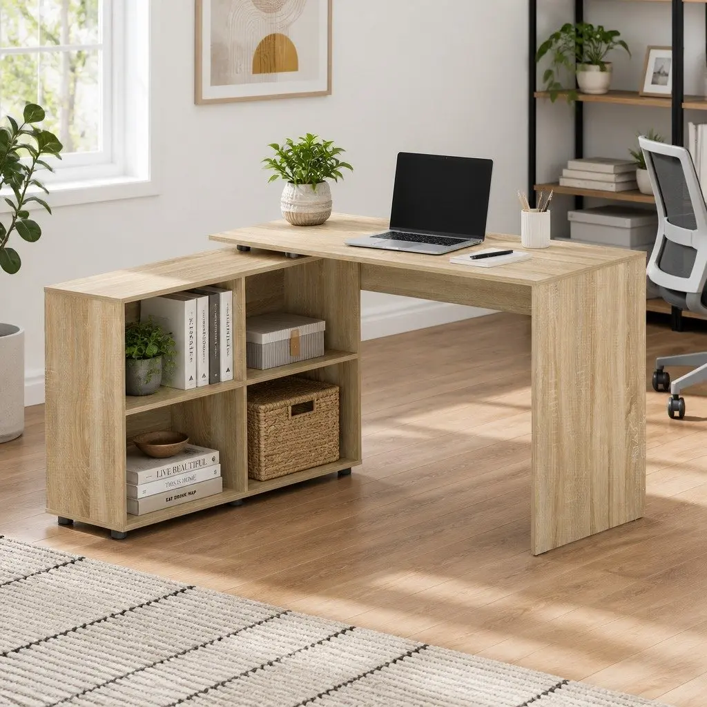 Computer Desk with 4-Compartment Bookcase Storage 130cm Oak Office Furniture