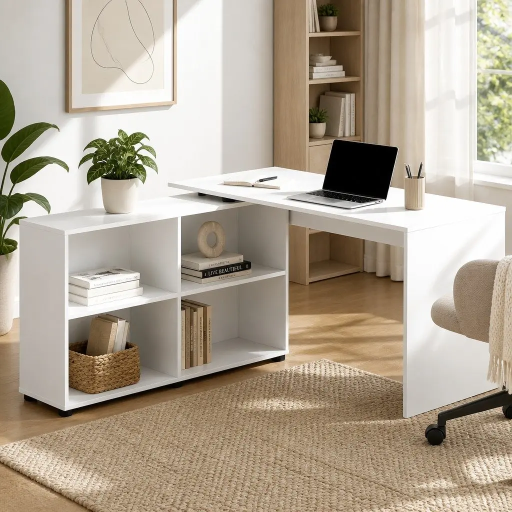 L-Shaped Computer Desk with Swivel Bookshelf