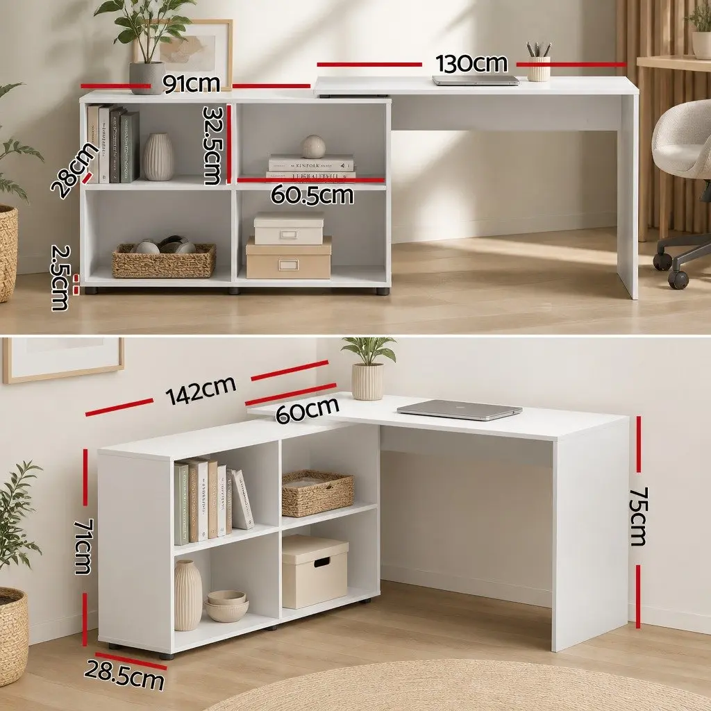 L-Shaped Computer Desk with Swivel Bookshelf