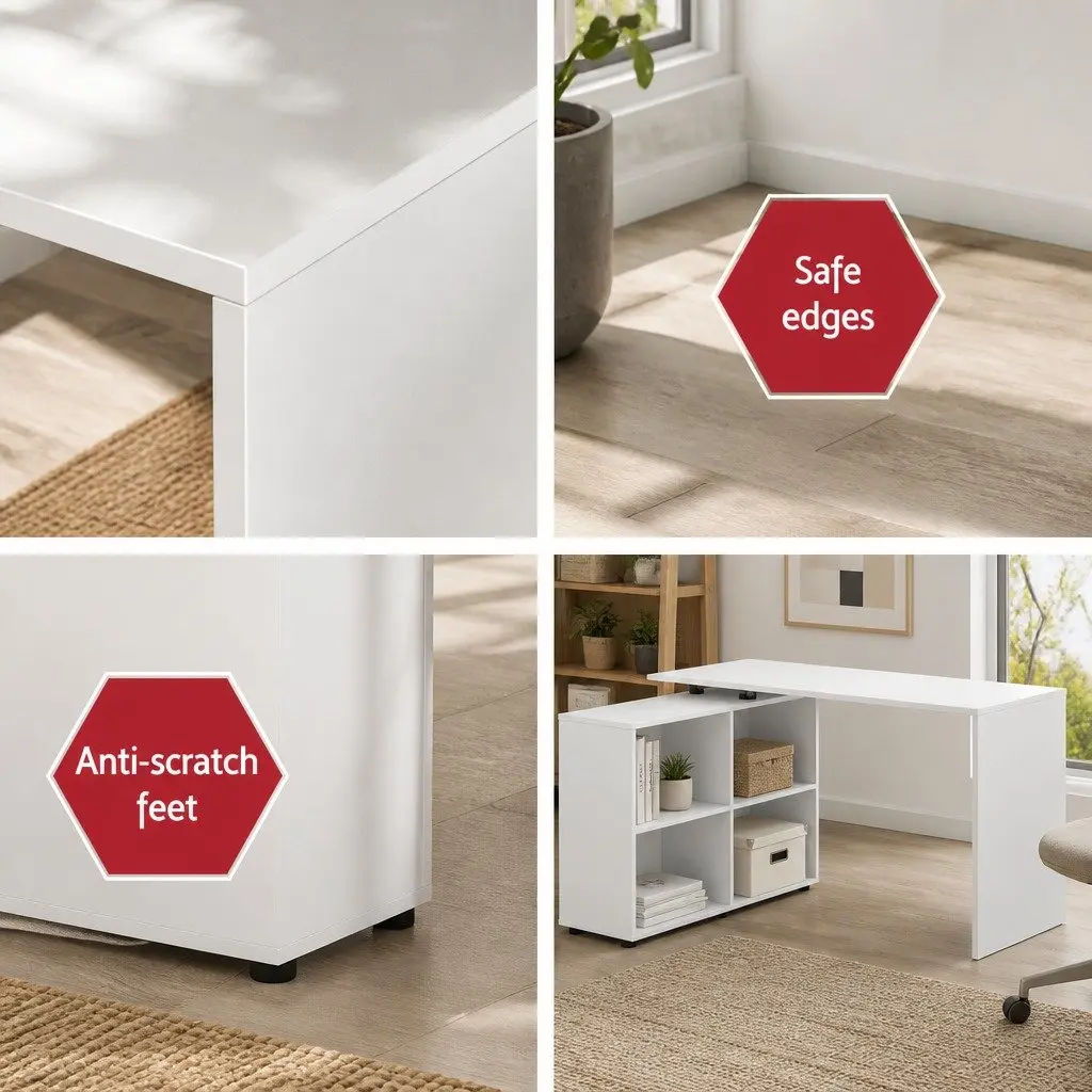 L-Shaped Computer Desk with Swivel Bookshelf