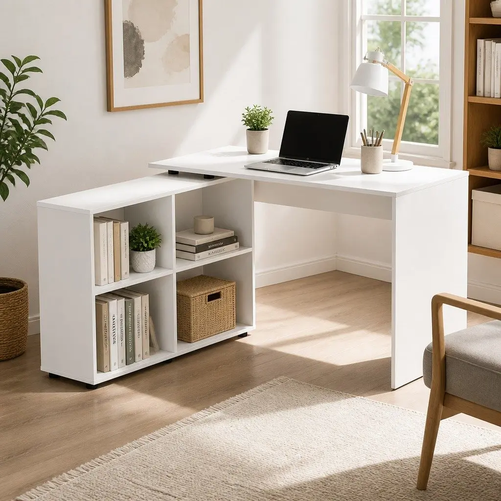 L-Shaped Computer Desk with Swivel Bookshelf
