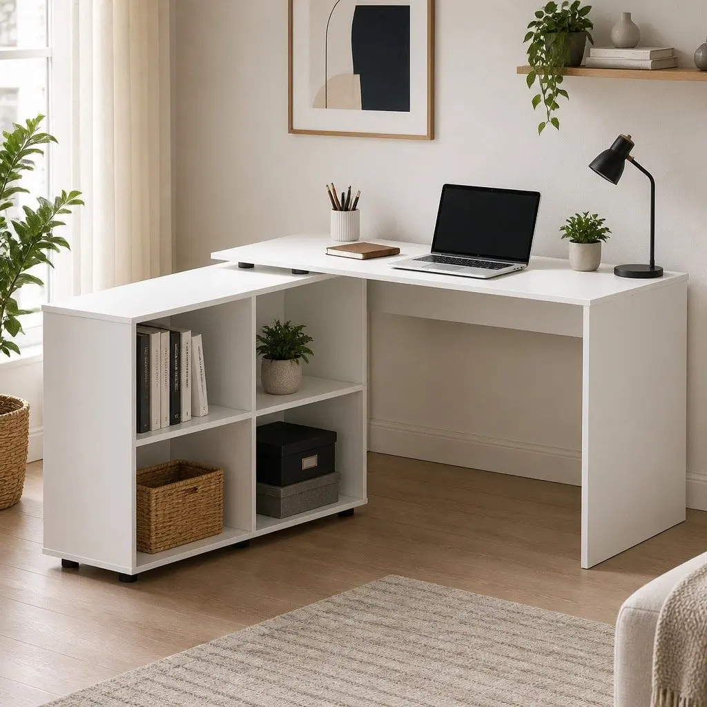 L-Shaped Computer Desk with Swivel Bookshelf