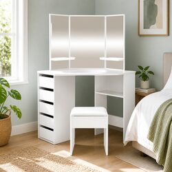 Dressing Table Stool Set Corner 5 Drawers White Vanity Mirror Bedroom Furniture