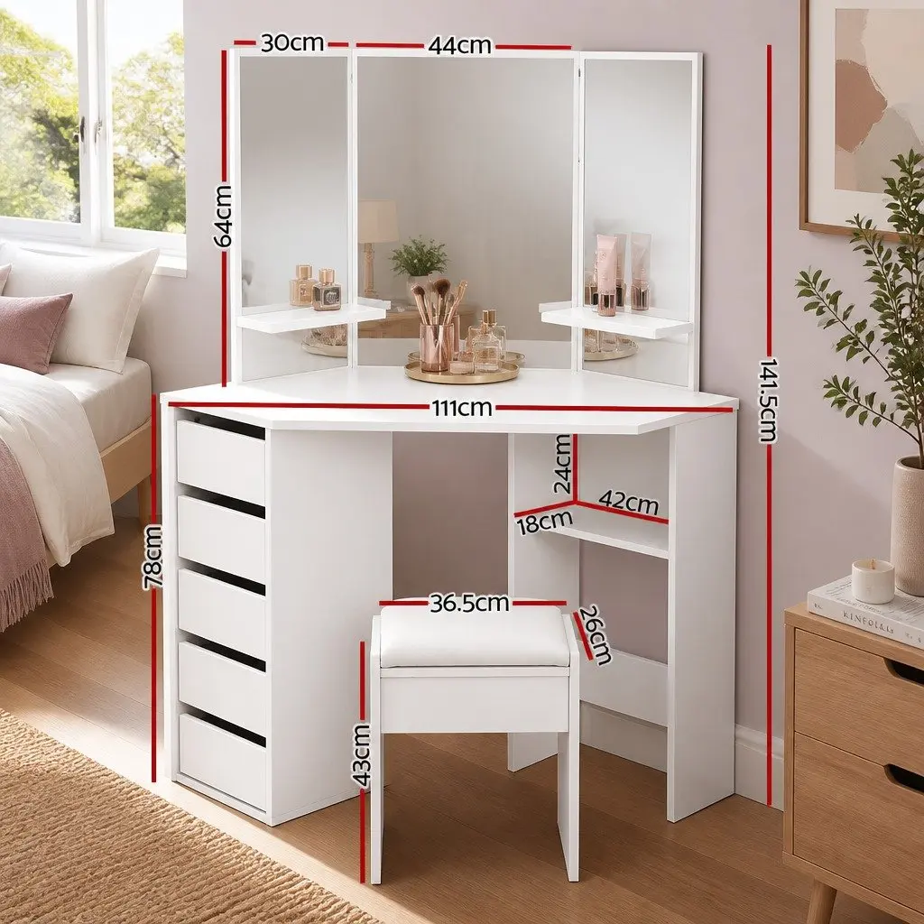 White Corner Dressing Table Stool Set with Mirror