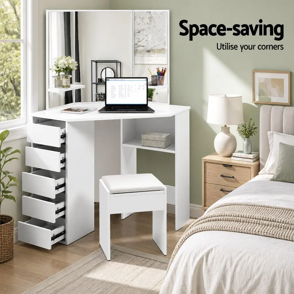 White Corner Dressing Table Stool Set with Mirror
